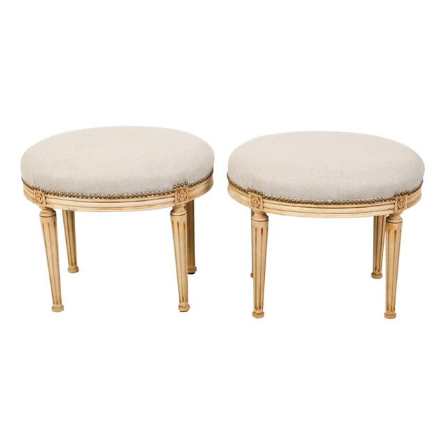 Pair of French Neoclassical Style Bleached Wood Stools with New Upholstery For Sale