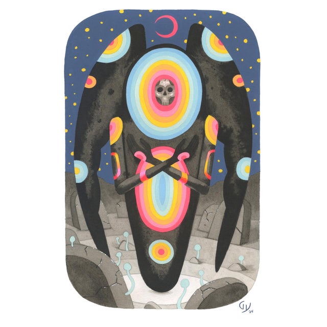 Grave Angel by Graham Yarrington | Ink and Acrylic Gouache on Rives BFK Paper Abstract figure with skull and colorful rings For Sale