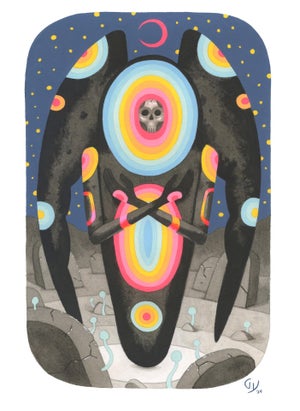 Grave Angel by Graham Yarrington | Ink and Acrylic Gouache on Rives BFK Paper Abstract figure with skull and colorful rings