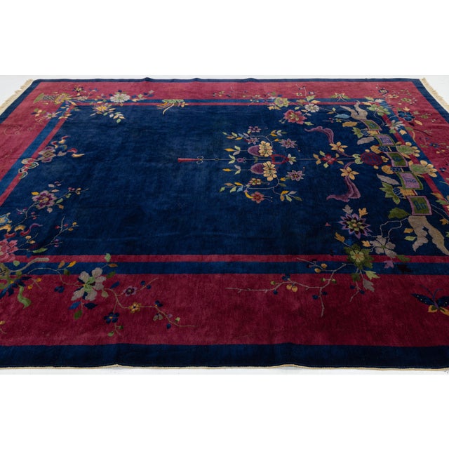 Navy Blue Antique Art Deco Chinese Wool Rug With a Classic Design For Sale - Image 12 of 12