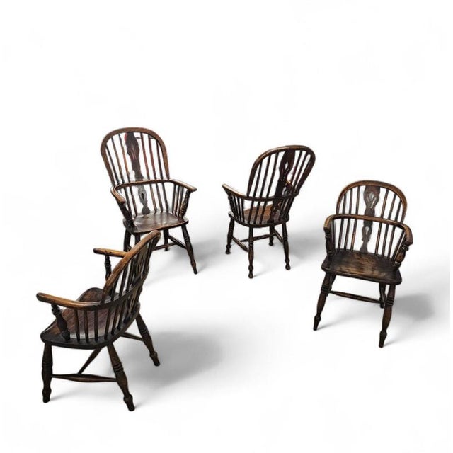 Brown Antique Windsor High Spindle Back Armchairs in Elm Wood, 1800s, Set of 4 For Sale - Image 8 of 16