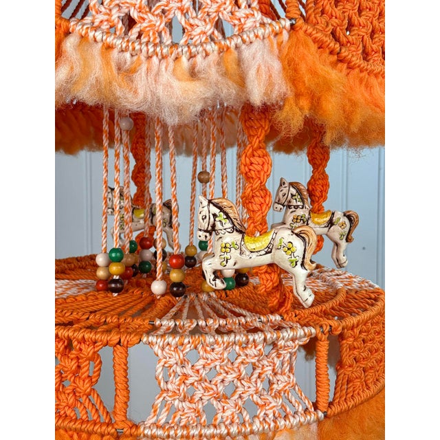 Vintage Boho Spanish Macrame Orange & White Carousel Horse Hanging Light For Sale - Image 4 of 9