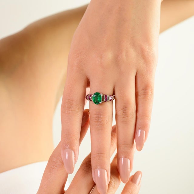 Art Deco Oval May Birthstone & Ruby Ring in Solid Silver by Carat&her - Size 8.5 For Sale - Image 6 of 11