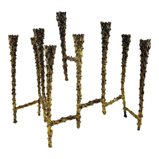 Mid 20th Century Brutalist Nine-Light Candelabra Menorah With Sculptural Molten Gold Metal After Paul Evans For Sale