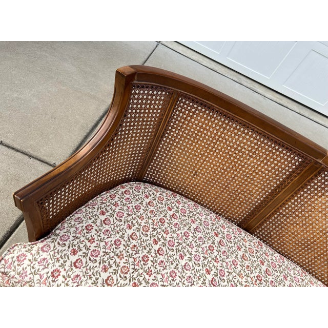 Brown Vintage Caned Barrel Back Single Cushion Loveseat Upholstered in a Red Flower Print With Squared Tapered Legs For Sale - Image 8 of 12
