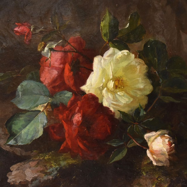Jean-Marie Poy, Still Life Flowers Vase Red and White Roses, 1800s, Oil on Canvas For Sale - Image 7 of 11
