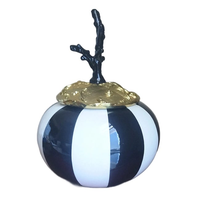 Decorative Ceramic Box, Black Coral Hand-Carved Gold-Plate Lid - 8” France New For Sale