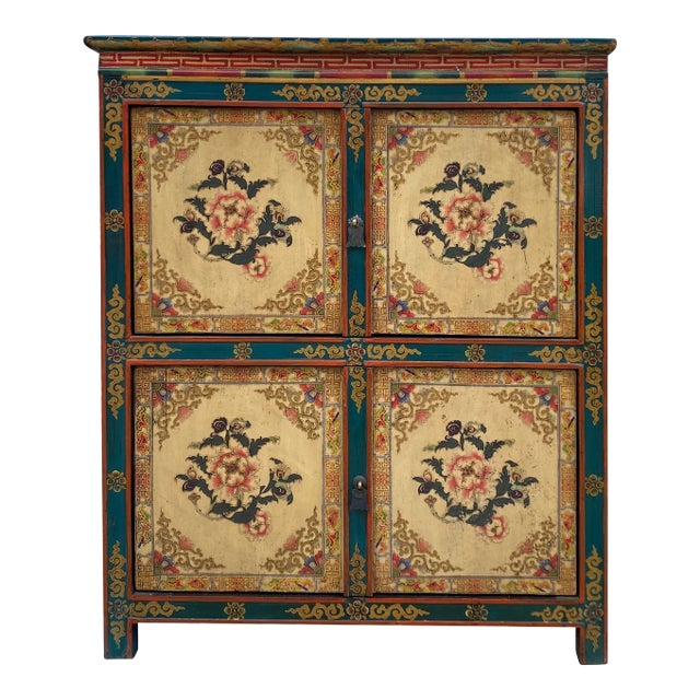 Chinese Tibetan Treasure Color Flower Graphic Credenza Storage Cabinet For Sale