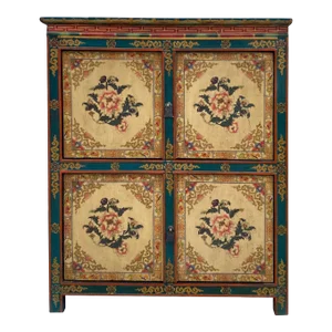 Chinese Tibetan Treasure Color Flower Graphic Credenza Storage Cabinet