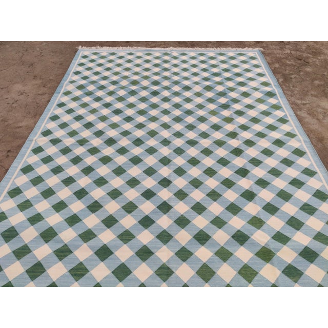 Textile Handmade Cotton Vegetable Dyed Checked Gingham Rug in Sky Blue With Cream and Forest Green - 9x12 For Sale - Image 7 of 11
