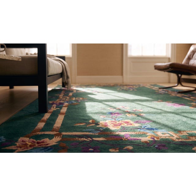 1920s Green Bamboo Floral Antique Chinese Art Deco Rug 4'2" X 7' Knotted Wool Carpet For Sale - Image 16 of 18
