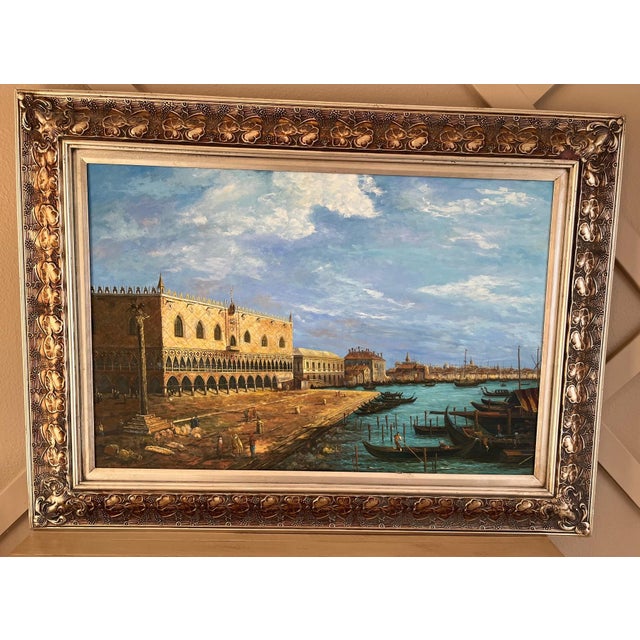 This striking large oil painting of Venice features Doge's Palace and traditional gondolas. The composition beautifully...