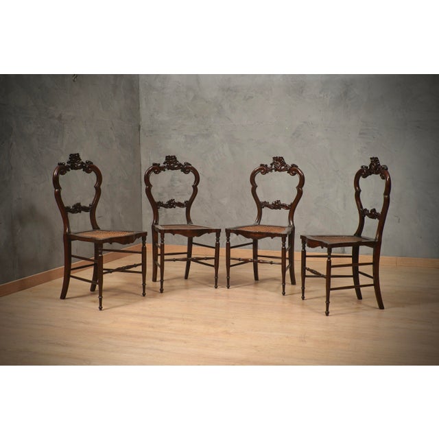 Brown Louis Philippe Italian Walnut and Vienna Straw Chairs, 1940s, Set of 4 For Sale - Image 8 of 8