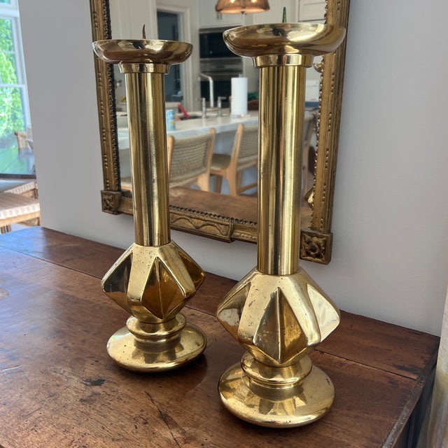 Modernist Mid Century Sculptural Solid Brass Candle Pricks- A Pair For Sale In Providence - Image 6 of 8