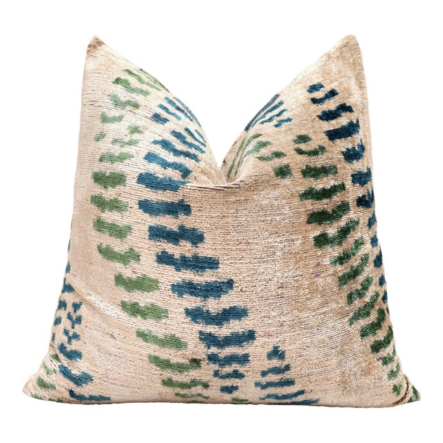 Handmade Velvet Ikat Throw Pillow 20x20 | Organic Dyed Neutral Stripe For Sale