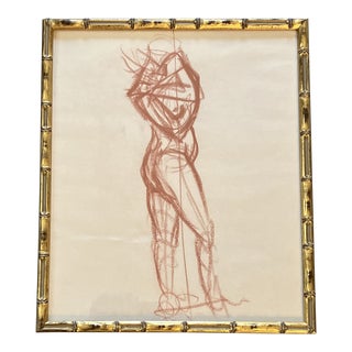 1950’s Original Sepia Abstract Female Nude Study Drawing Vintage Frame For Sale