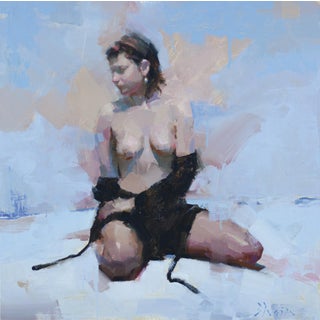 Nude with Light Blue by Jacob Dhein | Oil on Panel Nude figure seated against a light blue background. For Sale