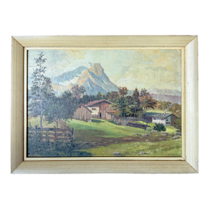 Vintage Mountain Landscape Oil Painting on Board, by Km Krause, 1950