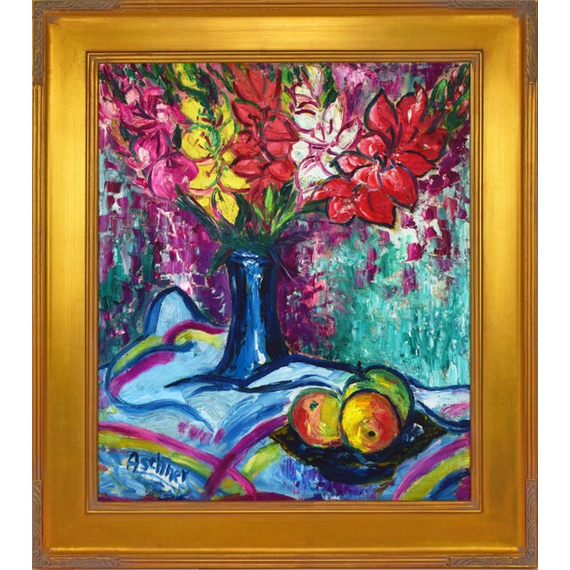 Vintage Mid Century Post Impressionist Floral Still Life Oil Painting of Gladiola Flowers, Aschner 1961 For Sale - Image 9 of 9