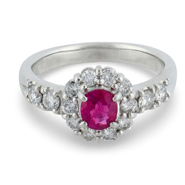 Contemporary Vintage Ruby Diamond Platinum Cluster Ring, Size 6 For Sale - Image 3 of 6