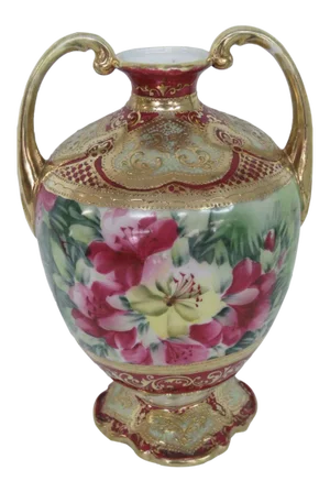 Nippon Hand Painted Flowers Vase With Two Gilded Handles