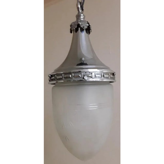 Art Nouveau Ceiling Lamp in the Shape of Drop with Nickeled Mounting, Chain and Skai for Sanded Glass Shade, 1890s For Sale - Image 3 of 8
