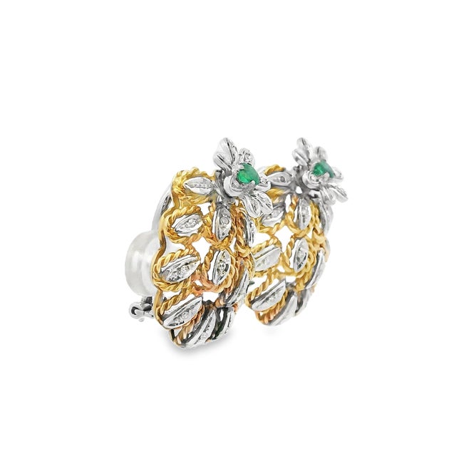 Mid-Century Italian 18K two-tone floral earrings featuring emeralds (0.20 ctw) and diamonds (0.40 ctw). A Retro–Floral...