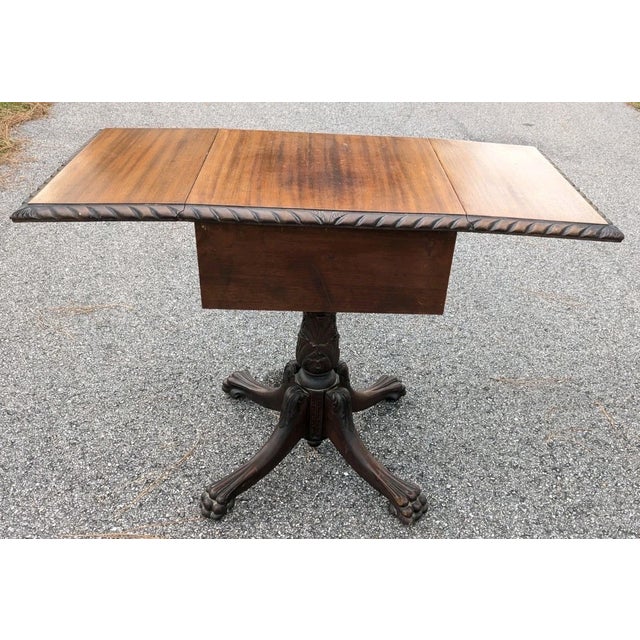 Antique Empire Sewing Work Table by Hersee Furniture Flame Mahogany Drop Leaf For Sale - Image 10 of 13
