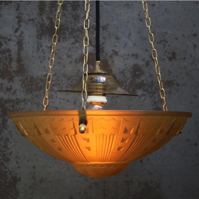 1920 French Art Deco, ochre, yellow glass pendant lamp Brass chain and brass canopy E27 / E26 Up to 250V (Europe/UK...