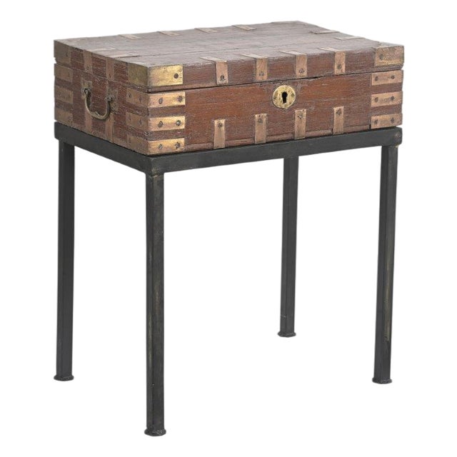 Vintage Anglo-Indian Teak and Brass Small Chest on Iron Legs/Side Table For Sale