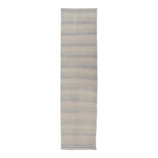 Stripe Design Turkish Vintage Kilim Runner in Shades of Ivory and Light Blue For Sale