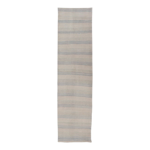 Stripe Design Turkish Vintage Kilim Runner in Shades of Ivory and Light Blue For Sale