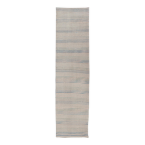 Stripe Design Turkish Vintage Kilim Runner in Shades of Ivory and Light Blue