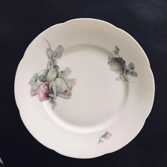 Vintage , rare fine porcelain with gray,soft pink and dark red rose pattern in cottage style set of ten dinner plates 10"D...