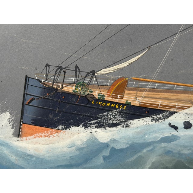s.s. Livornese in Heavy Seas — Antique Marine Gouache Steam Sail Ship Portrait, Attributed to Luca Papaluca (Italian, 1890–1934) For Sale - Image 10 of 18