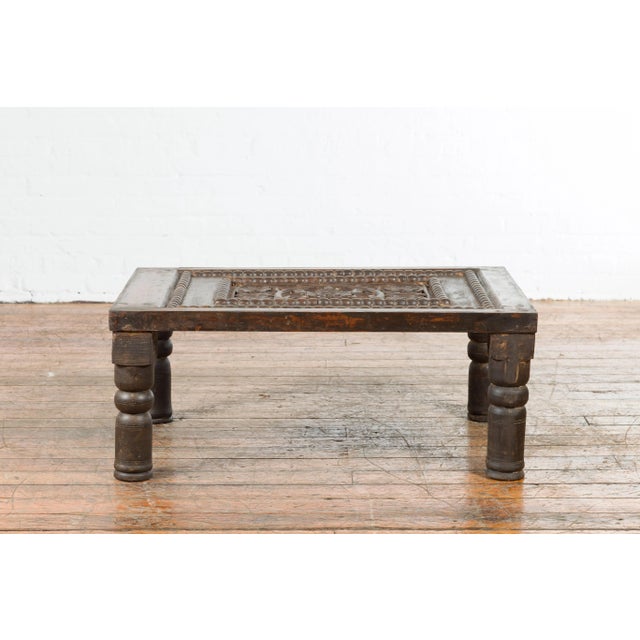 Indian 19th Century Small Wooden Coffee Table with Carved Floral Motifs For Sale In New York - Image 6 of 13