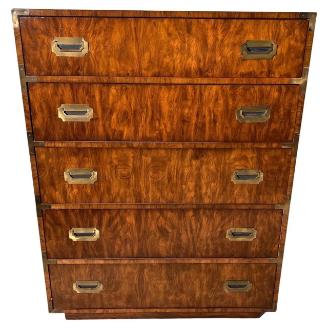 Walnut campaign dresser in the style of Henredon. Classic 5 drawer dresser with chunky recessed brass plated hardware and...