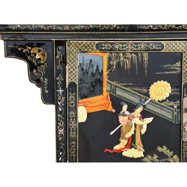 1990s Vintage Chinoiseries Black & Stone Inlay Graphic Credenza Storage Cabinet For Sale - Image 5 of 12