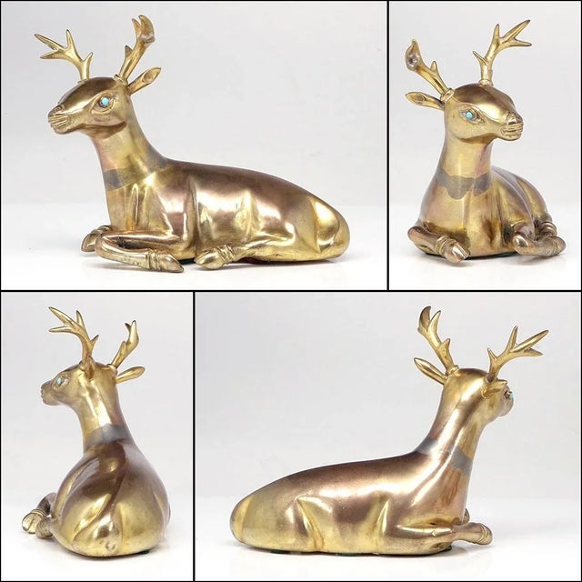 1940s Gilt Bronze Deer Figures With Turquoise Eyes - Set of Two For Sale - Image 4 of 9