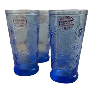 1990s Cobalt Blue Original Murero Glasses Embossed Drinking Glasses- Set of 4 For Sale