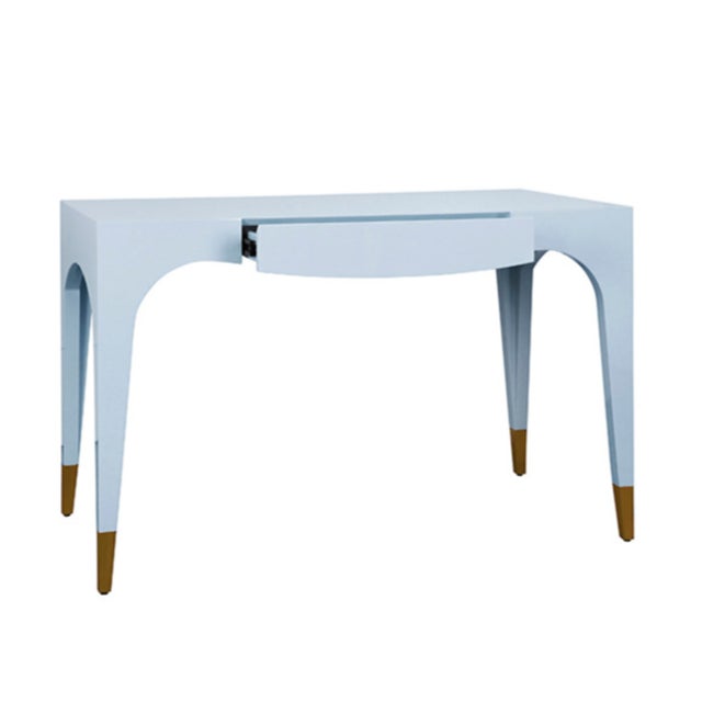 Contemporary Matthew Izzo Home Mandi Glossy Light Blue One Drawer Desk With Brass Foot Caps For Sale - Image 3 of 8