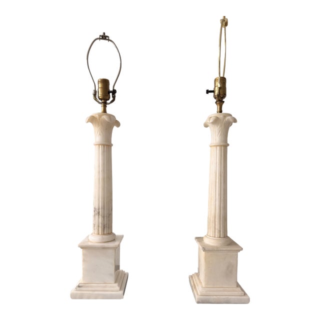 Neoclassical Alabaster Marble Table Lamps Pair For Sale