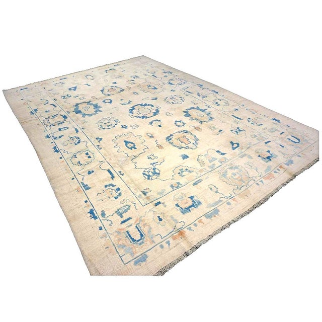 Turkish 21st Century Turkish Oushak Wool 8x11 Ivory & Blue Handmade Area Rug #1144190 For Sale - Image 3 of 5