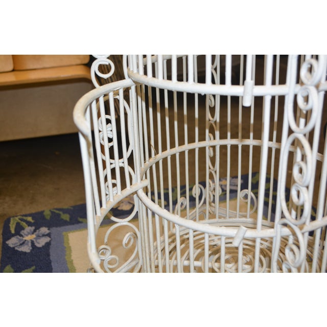 White Vintage Tall White Fern Head Round Wicker Hanging Bird Cage W/ Single Door For Sale - Image 8 of 17