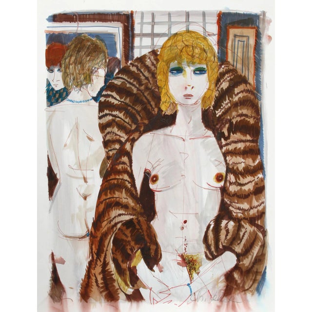 Charles Levier, Nudes in Fur I, Watercolor on Paper, Signed For Sale