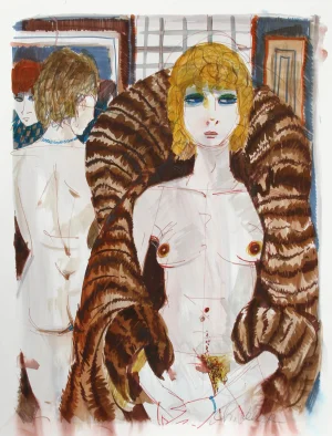 Charles Levier, Nudes in Fur I, Watercolor on Paper, Signed
