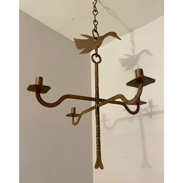 Metal Large Vintage Handmade Wrought Iron Bird Hanging Candle Holder Chandelier Lamp For Sale - Image 7 of 17