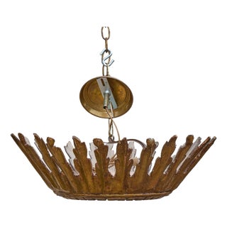 1930s Italian Giltwood Sunburst Chandelier with Frosted Glass Diffuser For Sale