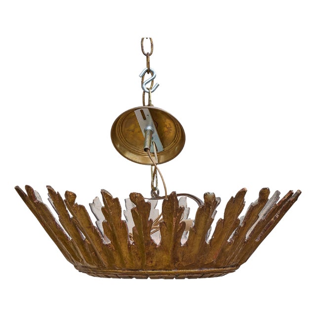 1930s Italian Giltwood Sunburst Chandelier with Frosted Glass Diffuser For Sale
