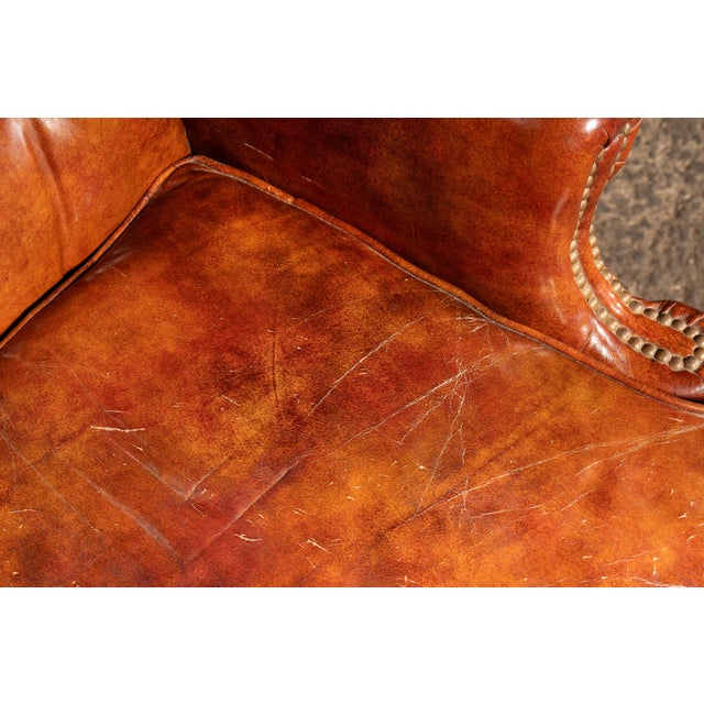 Mid 20th Century Tufted Leather Wingback Armchair in Burnt Amber For Sale - Image 11 of 17